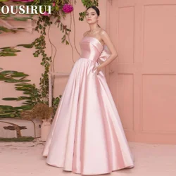 OUSIRUI 2024 Formal Party Gowns Strapless Big Bow Back Long Bridesmaid Prom Dress Simple Pearls Pink Satin Evening Dresses