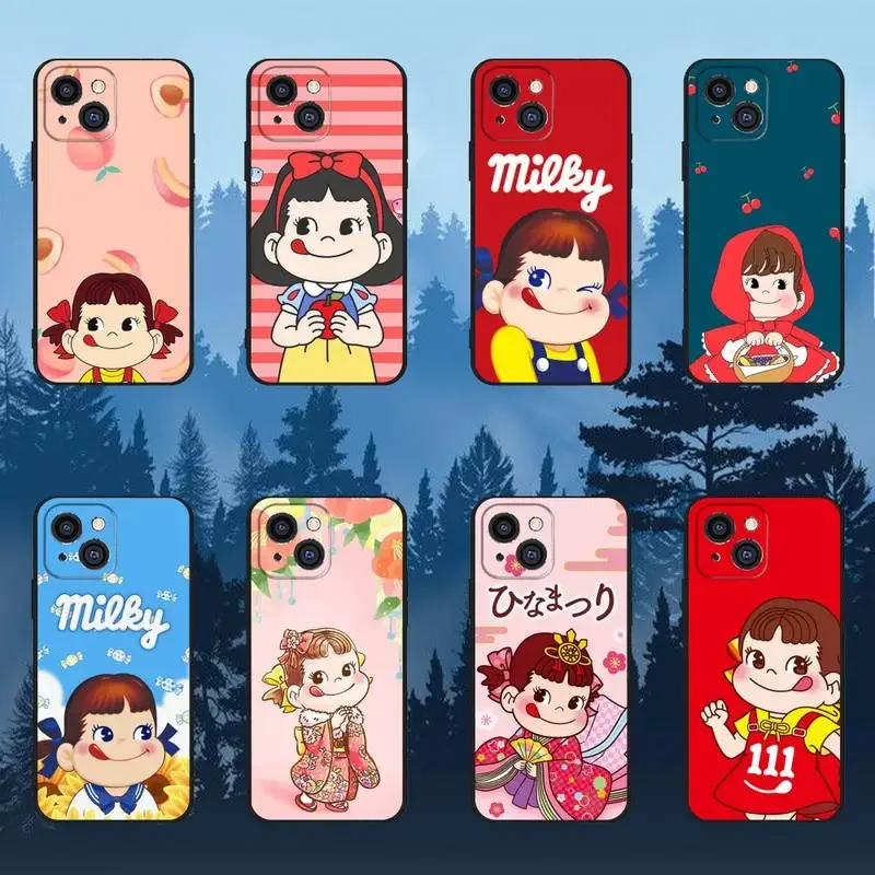 M-Milky Cute Cartoon Girl Phone Case For iPhone 11 12 Mini 13 14 15 PRO XS MAX X XR 6 7 8 Plus Black Shell