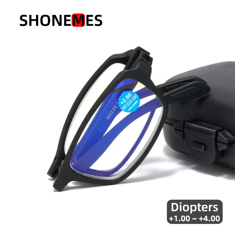 Shonemes Folding Reading Glasses Anti Blue Light Square Eyeglasses Women Presbyopic Eyewear with Case Diopters +1 1.5 2 3 3.5 4