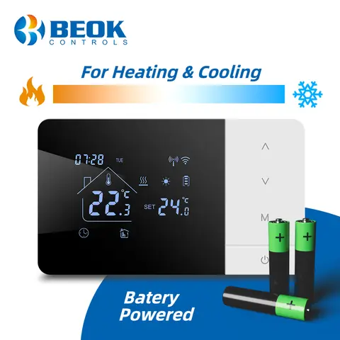 Beok Tuya Heating/Cooling Thermostat for Gas Boiler Smart Home Battery-powered Thermoregulator Daily programming Work with Alexa