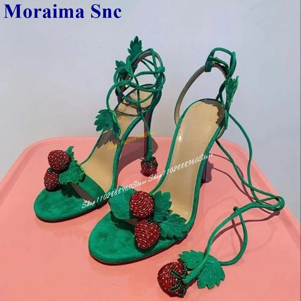 Lace Up Green Flock Strawberry Decor Sandals Cut Heel Thin High Heel Women Shoes Open Toe 2024 Fashionable Zapatos Para Mujere