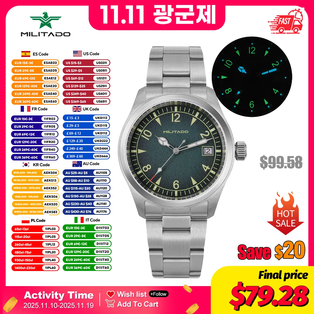 

Militado ML08 Швейцария Ronda 515 Кварцевый механизм с двойным сапфировым стеклом BGW9 Светящиеся 10 бар Водонепроницаемые винтажные часы 38 мм