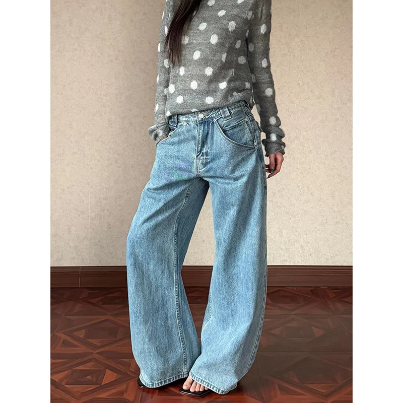 ZHIZOU Women's Blue Y2k Jeans Vintage 2000s Baggy Washed Denim Trousers American Style Cargo Jeans Pants Wide Leg Denim Pants