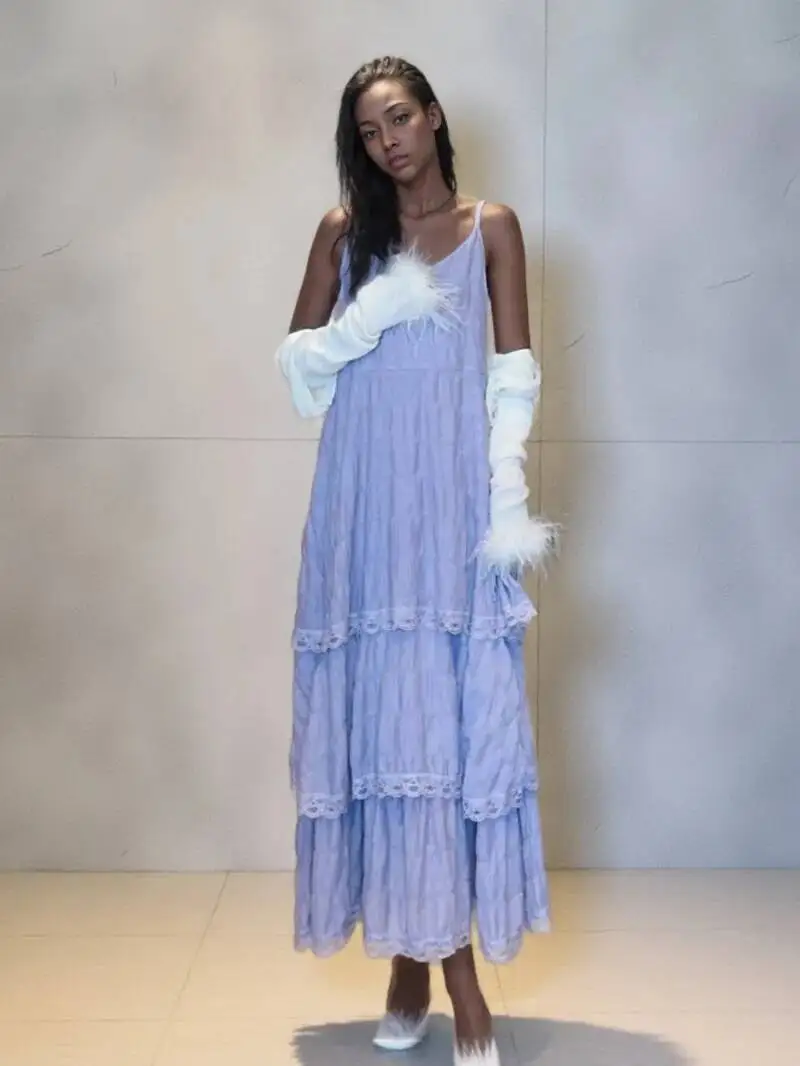 Estate lungo vintage casual volant elegante maxi cinturino camis setoso spiaggia pizzo elegante abito da festa abiti donne sexy viola