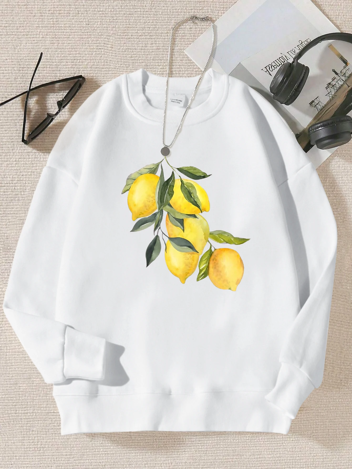 Creative Lemon Pattern  Printed Women Hoody Street Casual Loose Sweatshirt Autumn Fleece Sweatshirt Hip Hop Crewneck Tracksuit