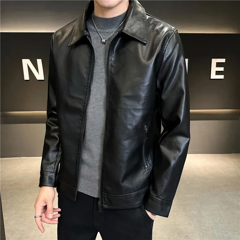 Korean Style Men's Black Leather Jacket with Loose Turn-down Collar and Motorcycle Design - Unique Designer Outerwear