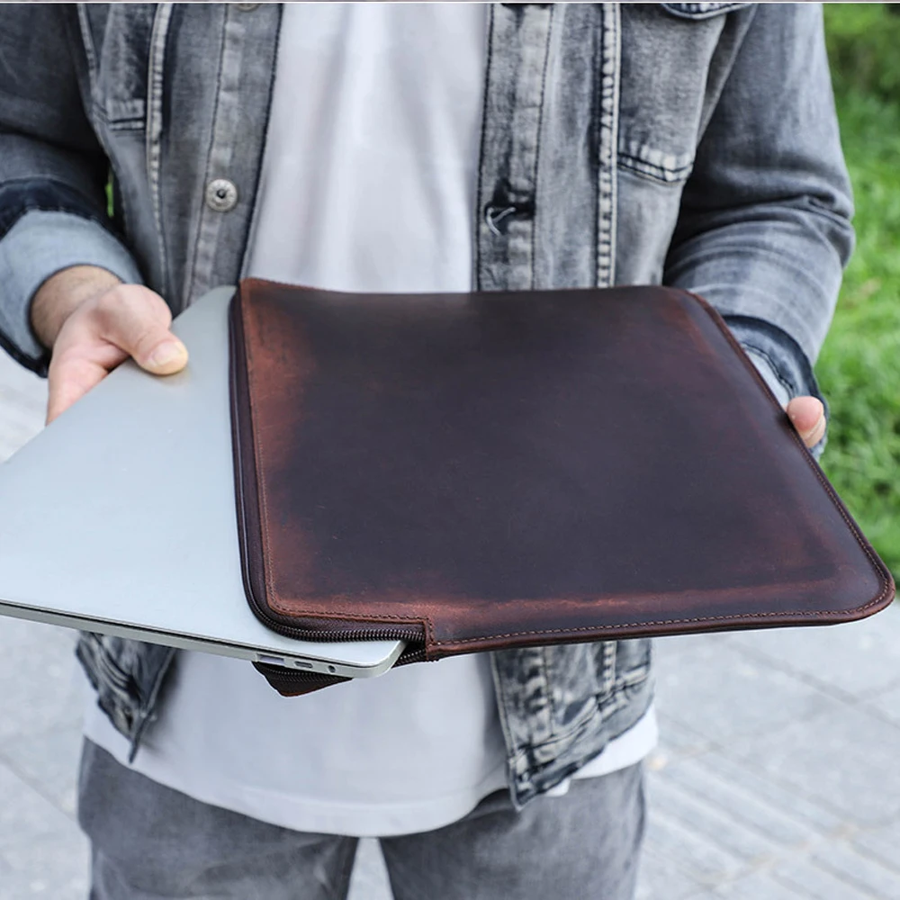 Genuine Cowhide Leather Laptop Sleeve for MacBook Pro 14 Protective Carrying Case Business Notebook Cover Bag view 4