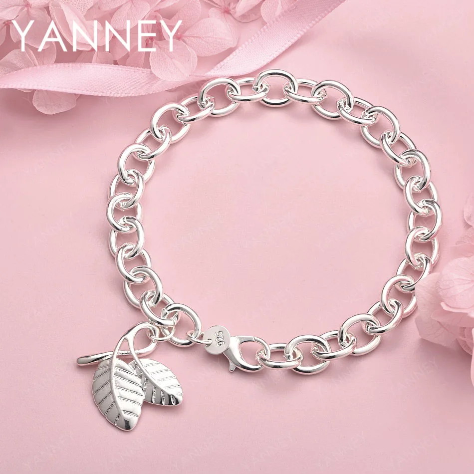 

Exquisite 925 Sterling Silver 8 Inches Leaf Pendant Bracelet For Women Men Fashion Wedding Charm Party Favors Jewelry