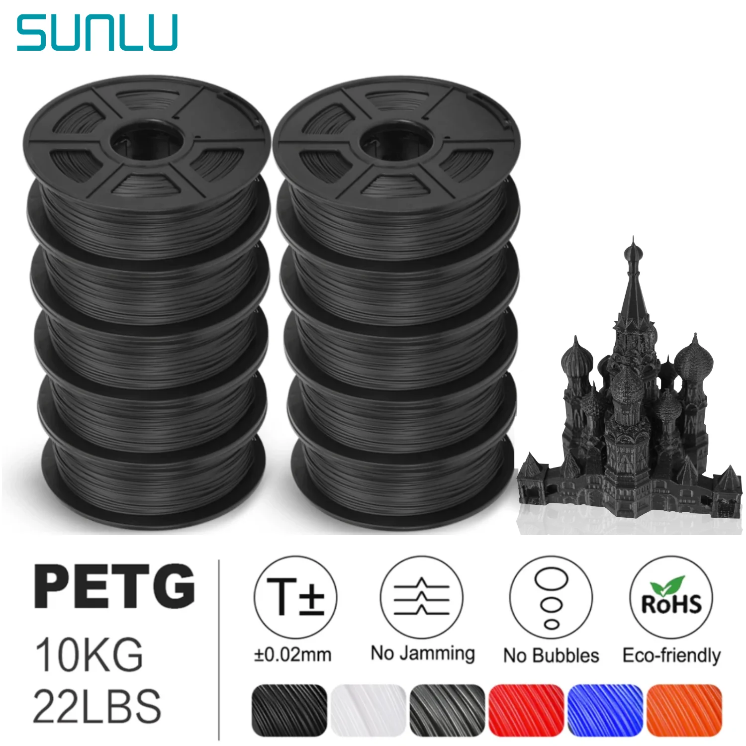 SUNLU PETG Filament 5/10 rolek Filament do drukarki 3D 5/10 kg Tolerancja średnicy 1,75 mm 0,02 mm Ekologiczny materiał o wysokiej wytrzymałości