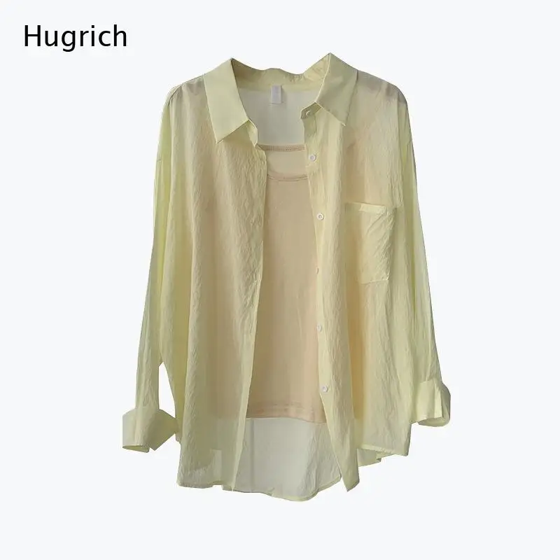 

Women's Long Sleeve Yellow Sheer Shirt with Cami Top Two Piece Outfit Loose Fit Casual Button Up Blouse Set