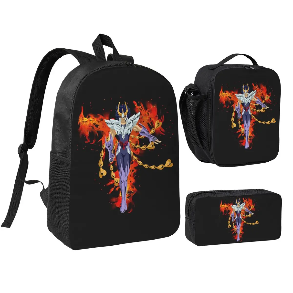 Anime Knights Of The Zodiac Saint Seiya Backpack Boys Girls BookBag School Bag Shoulder Bags 3ps Insulated Lunch Bag Pencil Case