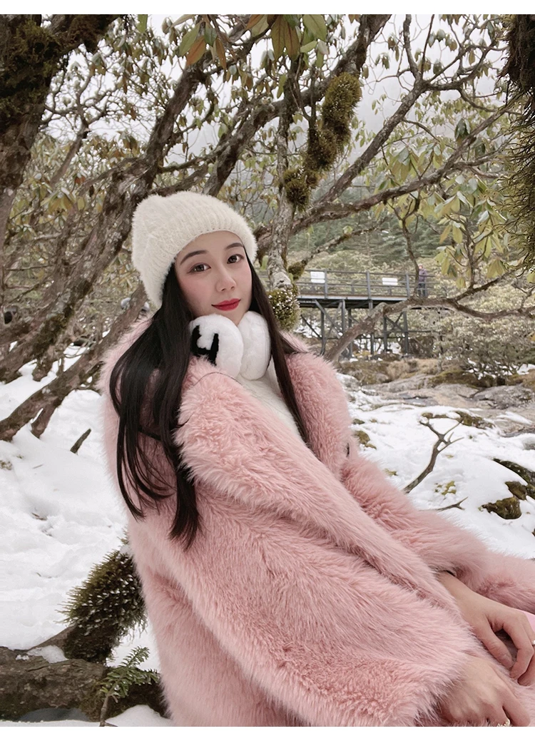 Lautaro Winter Long Oversized Pink Thick Warm Soft Shaggy Fluffy Faux Fur Coat Women Pockets Lapel Loose Sweet Cute Fashion 2022