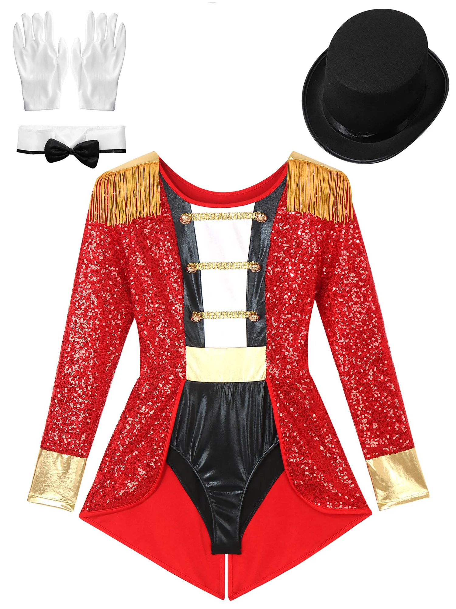 Dames 4 Stuks Volwassen Circus Circuskostuum Glanzende Lovertjes Patchwork Bodysuit Met Hoed + Strik + Kraag + Handschoenen Voor Halloween Themafeest