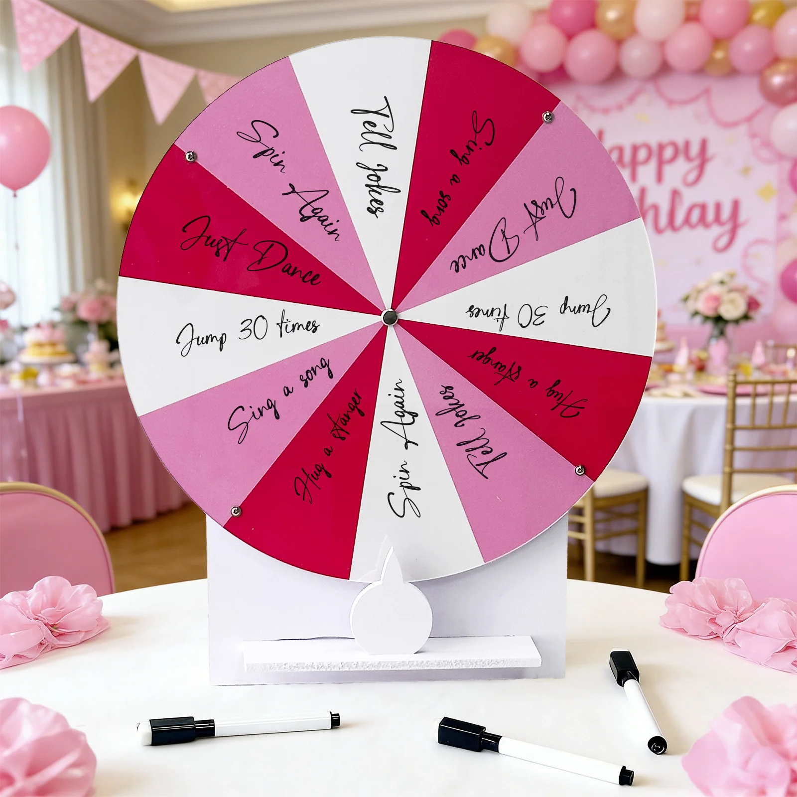 Wedding Guestbook Wedding Challenge Spinning Wheel, PVC Prize Tabletop Spinner Erasable Raffle Spinning Wheel with Stand(Pink)