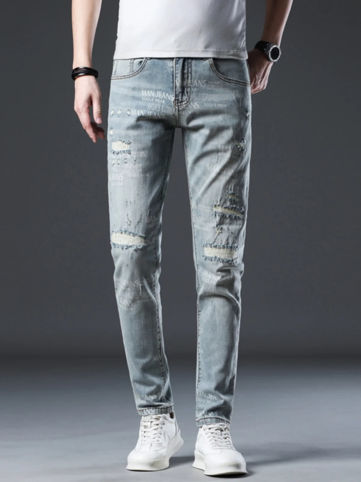 

High-End Printed Slim Fit Men's Jeans High Waist Cotton Stretch Denim Casual High Street Sle Torn Retro Faion Long Pants