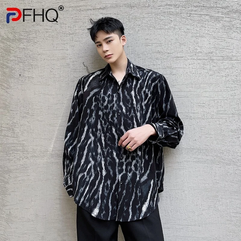 

PFHQ New Personalized Tie Dye Trend Casual Loose Long Sleeved Shirt 2024 Contrast Color Turn-down Collar Male Tops 21Z5607