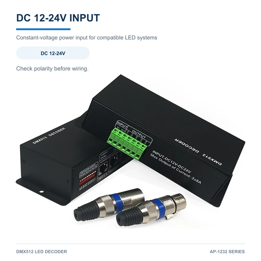 DMX512 LED Decoder 12-24V DC 3CH/4CH RGB/RGBW 8A/CH Controller with RJ45 and XLR IN/OUT for LED Strip