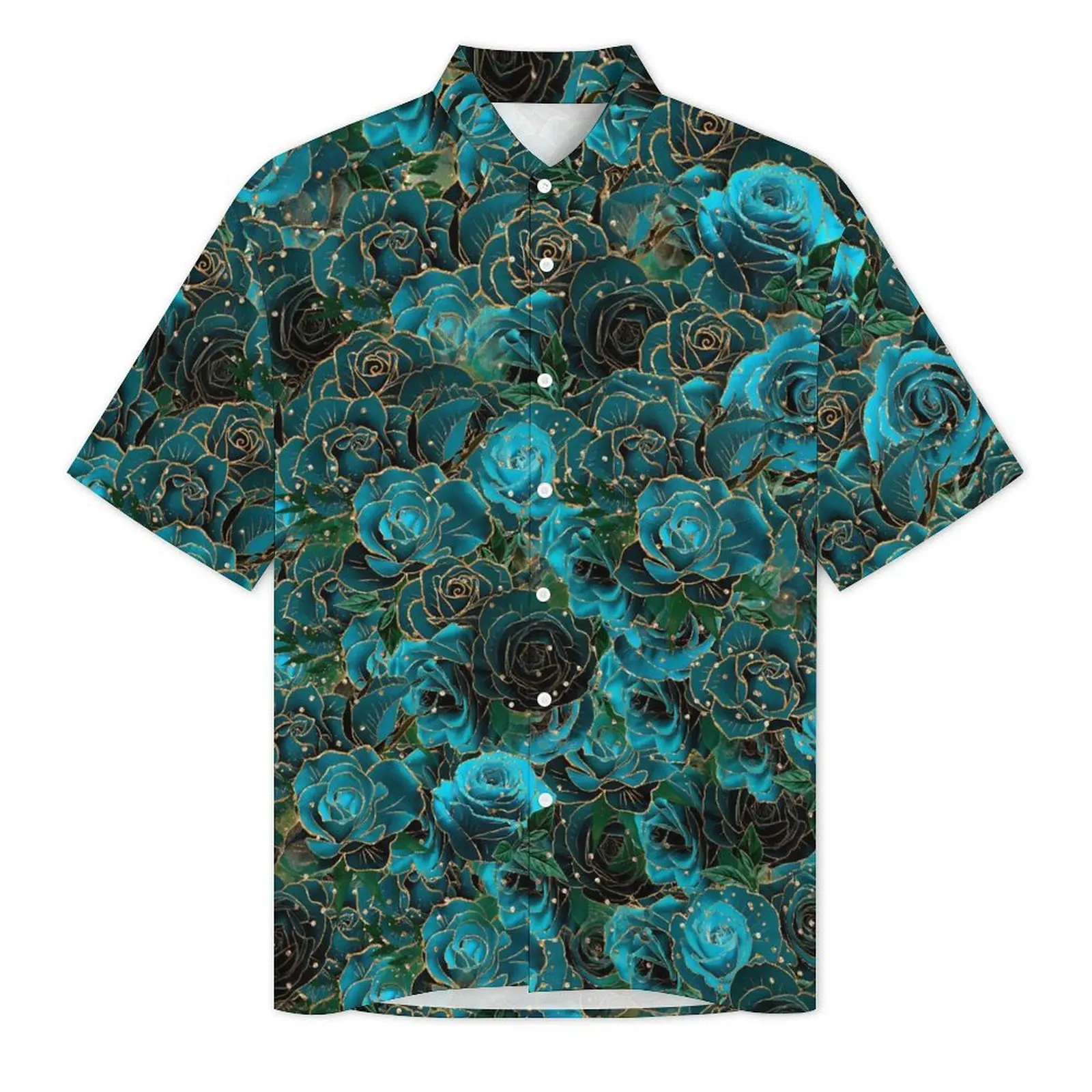 Teal Rose Print Vacation Shirt Gold Glitter Floral Hawaiian Casual Shirts Man Elegant Blouses Short-Sleeve Harajuku Graphic Top