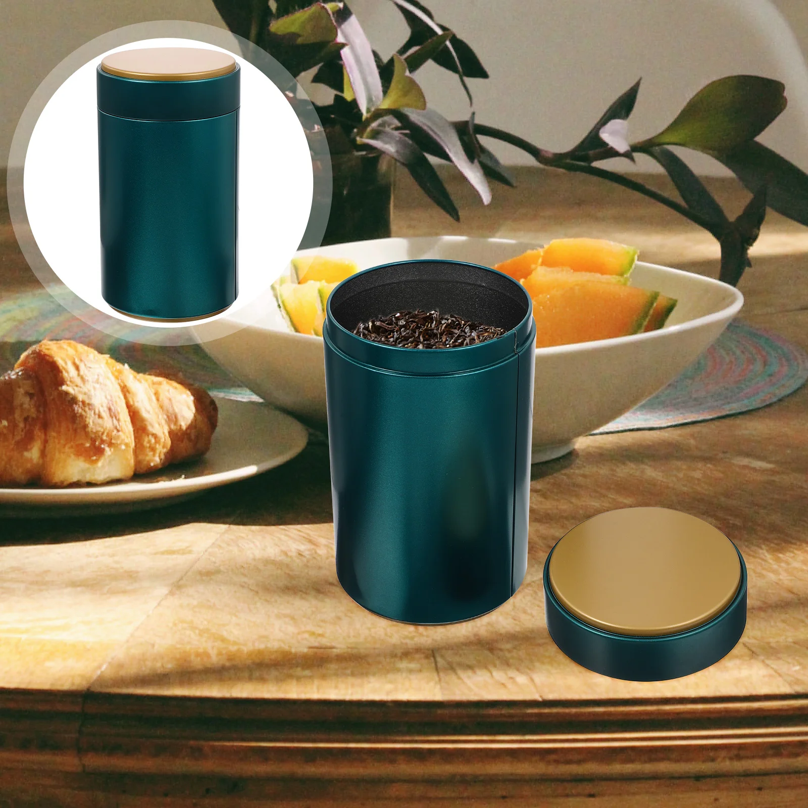 4 قطع من جرة الهدايا المعدنية المحمولة مع أغطية منظم الشاي وصفيح الأوراق السائبة