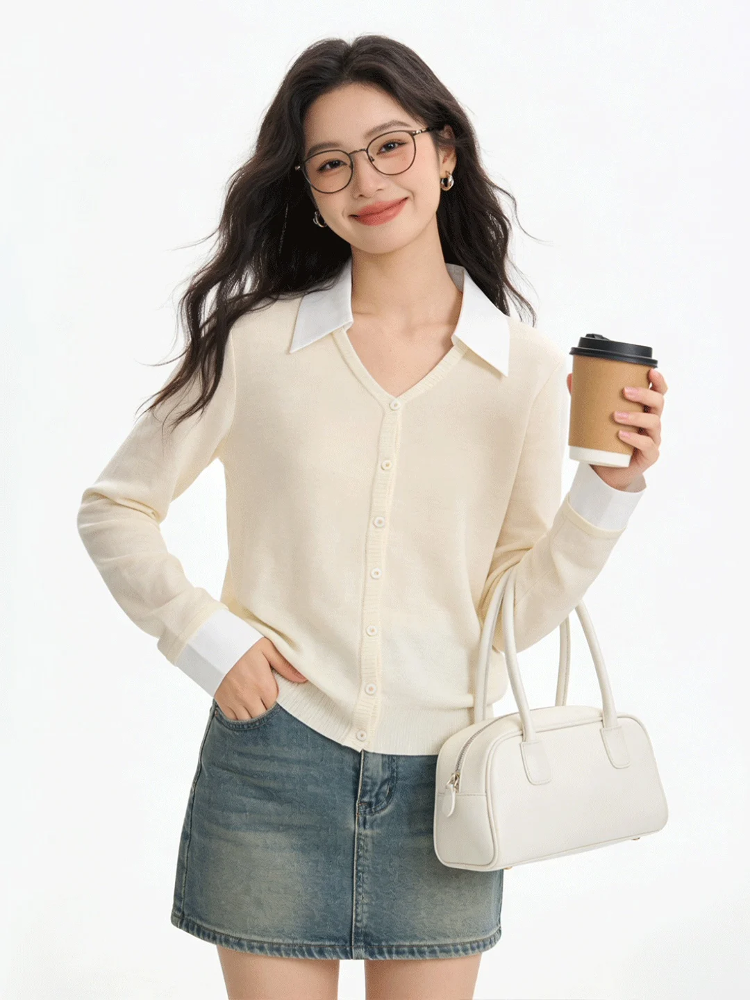 

Early Spring Knitted Long Sve Collar Splicing Open Cardigan Slimming Versatile Women's Faion Korean Sle