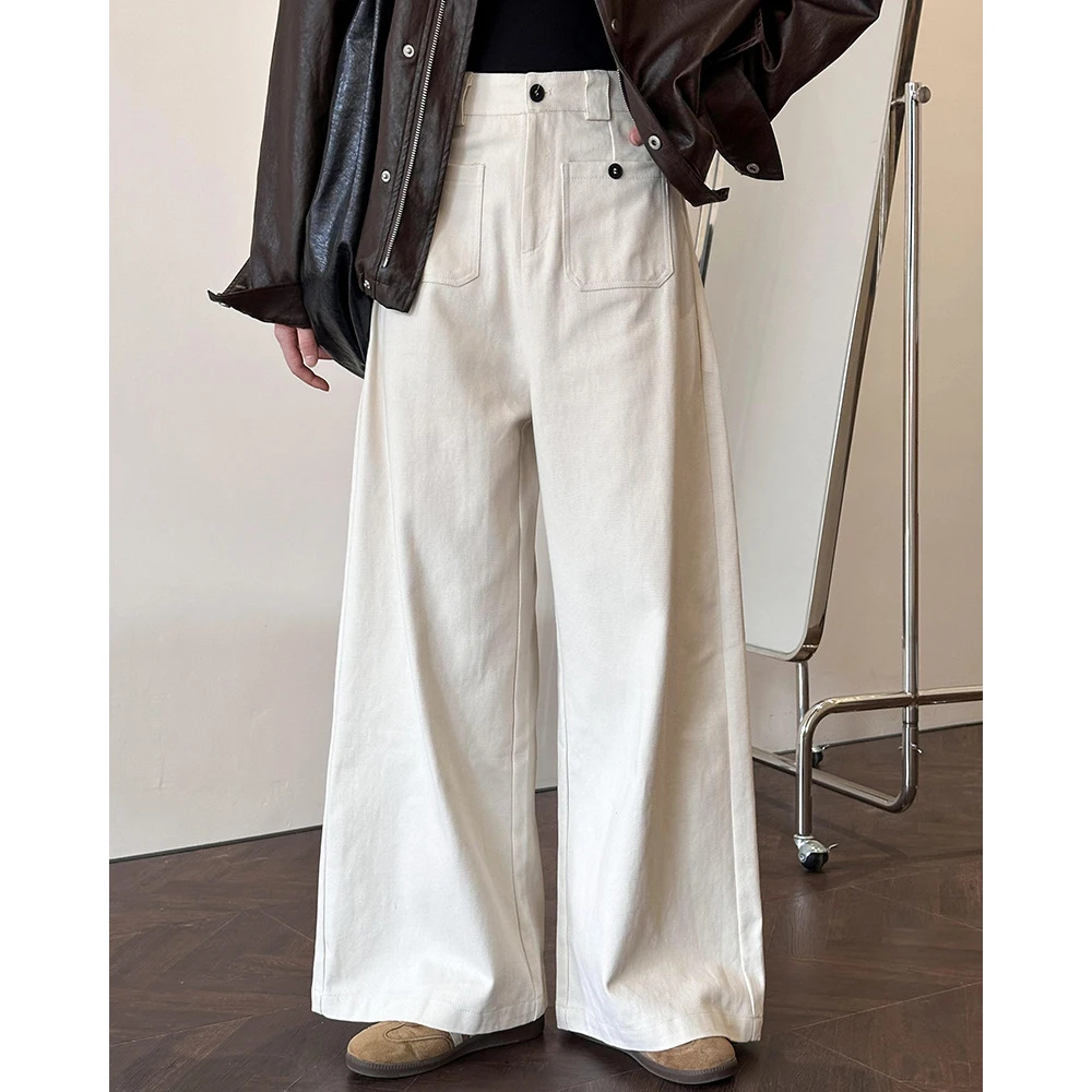 2024 Cotton Material Women Autumn Wide Leg Straight Pants High Waist Beige Pants Fashion Clothes Vintage Pants Female Trousers