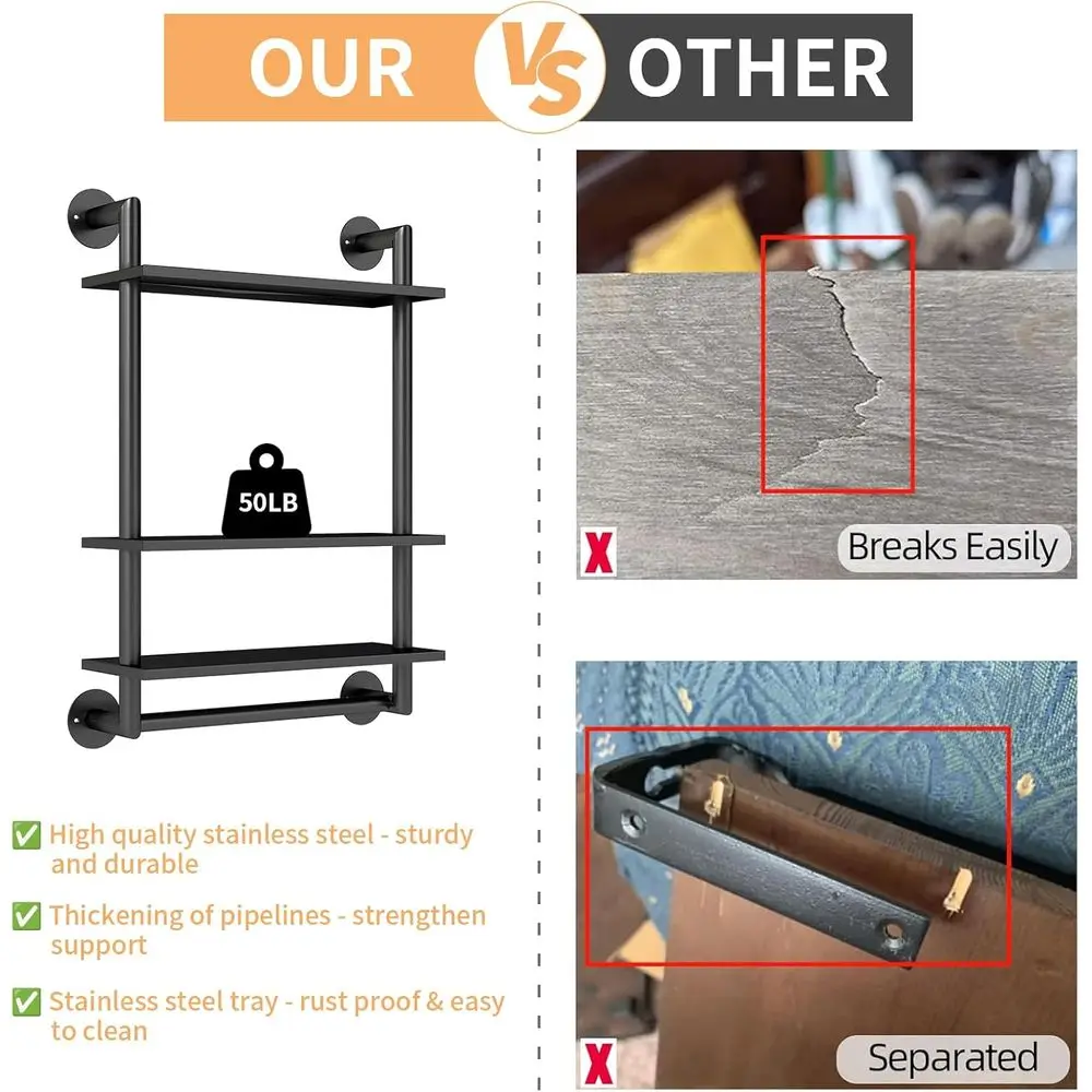 أرفف عائمة من الفولاذ المقاوم للصدأ مكونة من 3 طبقات مع شريط منشفة، رف تخزين 26 فوق المرحاض للحمام والغسيل والمطبخ