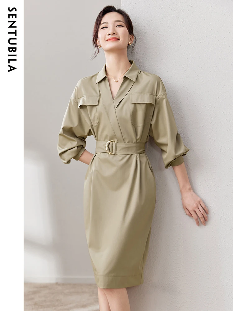 SENTUBILA Women's Office Lady Shirt Dress 2024 Autumn Fashion Business Elegant Temperament Belt Pocket Solid Dresses 133L50348