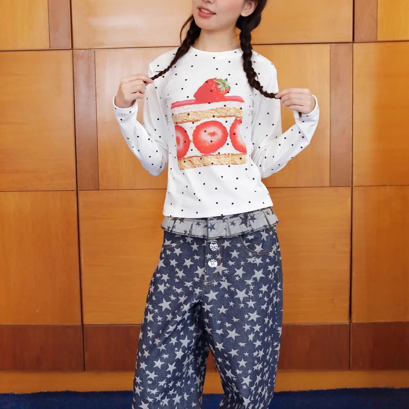 خريف جديد كعكة الفاكهة البولكا نقطة طباعة المرأة قاع قميص التصميم الياباني لطيف الحلو تنوعا طويلة الأكمام تي شيرت السيدات #5