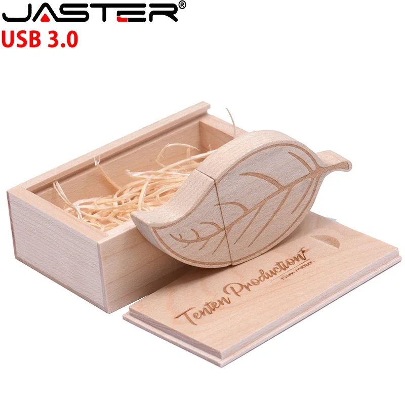 JASTER USB 3.0 flash drive Leaves Memory stick Wooden box Pen drive wedding gift Pendrive Free custom logo wood bamboo 32GB 64GB