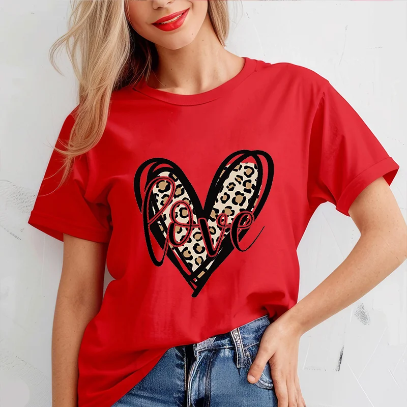 Koszulka damska z nadrukiem serca walentynkowego, koszulka z sercem w panterkę, dziewczęca koszulka z krótkim rękawem, okrągły dekolt, codzienna bluzka na lato, odzież damska