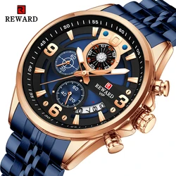 REWARD New Mens Watches Stainless Steel Luxury Waterproof Chronograph Luminous Wrist Watch Fashion Men Sports Quartz Watch