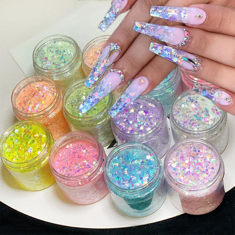 10g Iridescent Holographic Nail Glitter Sequins Sparkly Mixed Hexagon Mermaid Nail Yuki Flakes Loose Chunky Nail Arts Glitter 15