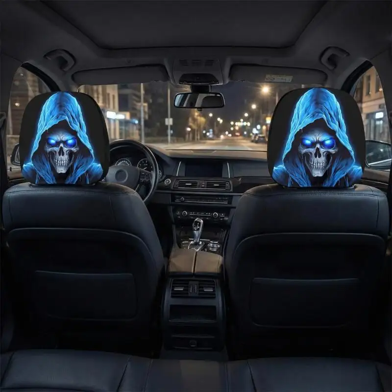 1Pc Blue Grim Reaper Skull Car Headrest Cover, Soft High Elastic 2D Flat Printed Universal Auto Interior Headrest Protector