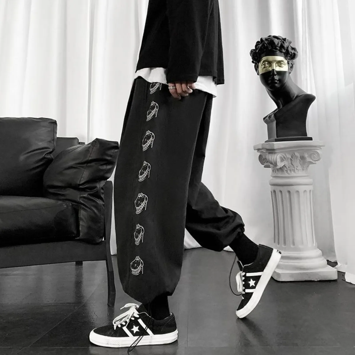 

Summer Classic Casual Drawstring Pants with Retro Print Dinosaur Loose Straight Leg Wide Leg Fashionable Sports Pants