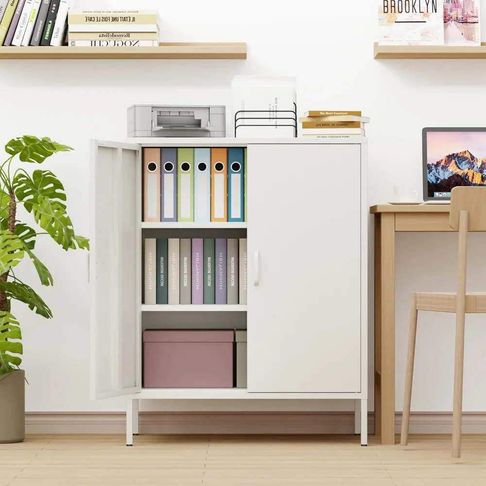 White Metal Storage Cabinet,Metal Locker Storage Cabinet with 2 Doors and Shelves,Kitchen Pantry Cabinet,Modern Storage
