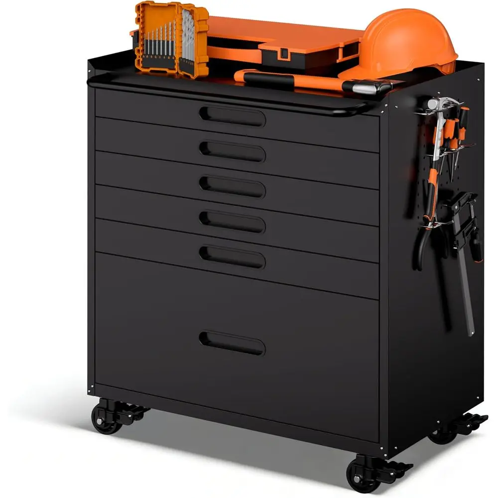 

6 Drawer Metal Rolling Tool Cabinet with 2 Pegboards and 10 Hooks, Heavy-Duty Storage for Mechanics, Workshop, Basement, or Ware