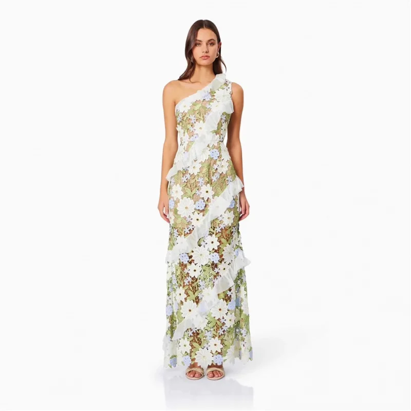 

oblique shoulder dress Banque ruffled chiffon stitching-soluble lace slim-fit sheath long dress