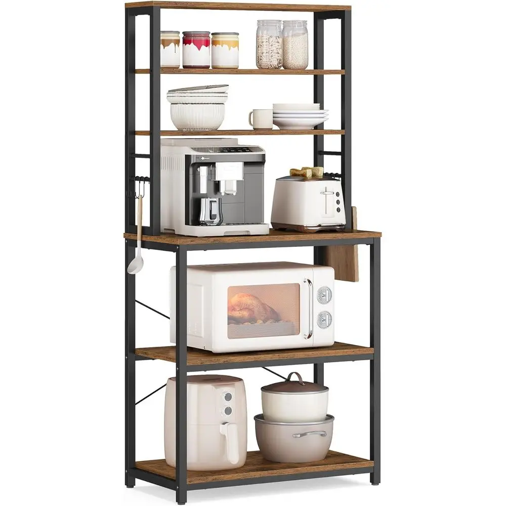 

VASAGLE Coee Bar, 23.6 Inches Baker's Rack or Kitchen with Storage, 6-Tier Kitchen Shelves with 6 Hooks, Microwave Stand, Indust