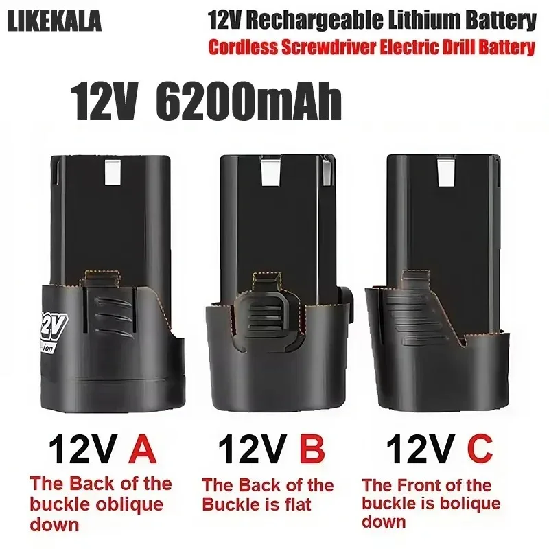 LIKEKALA-destornillador inalámbrico de 12V y 6200mAh, batería Universal recargable de iones de litio para taladro de pistola eléctrica, Mini amoladora angular