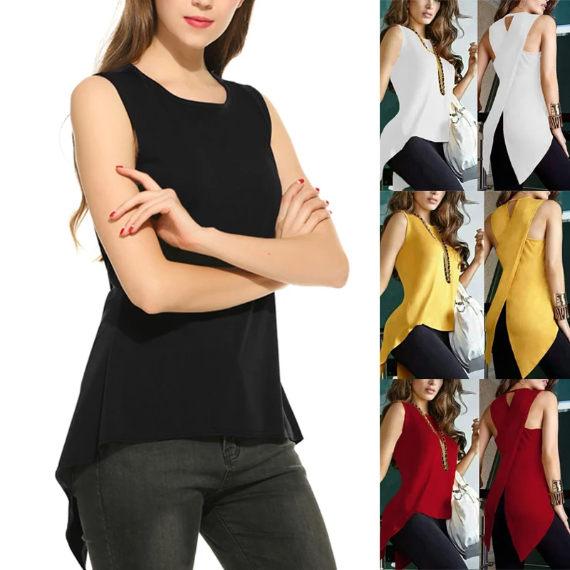 Casual T Shirt Solid Back Cross Round Neck Sleeveless Tops For Women Girls Ladies Summer Plus Size Oversized