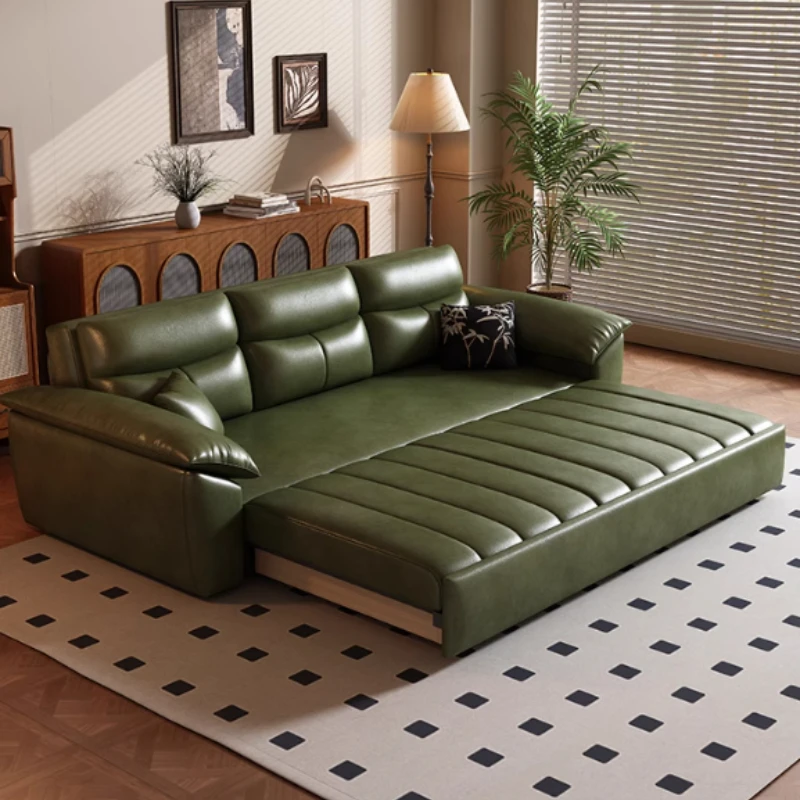 

For Vintage Oil Wax Leather Sofa Bed Armchair Relaxing Living Multifunction Folding Retractable Sofa Storage Modern Furniture