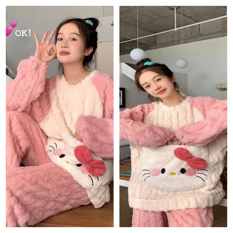 

Комплект пижамы Hello Kitty из кораллового флиса для женщин: зимняя домашняя одежда, новый стиль, пушистый, плюшевый, утолщенный, теплый, уютный, милый.