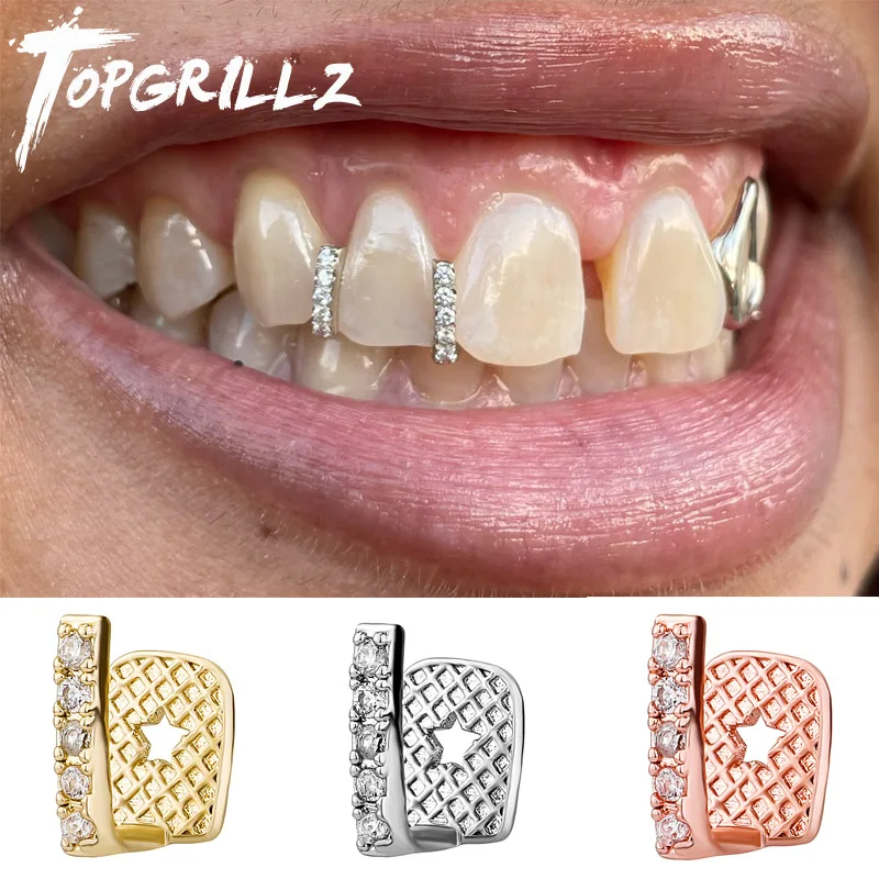 TOPGRILLZ Iced Out CZ Stones Vertical Bar Teeth Grillz Braces Hip Hop 5 Zircon Tooth Caps Dental Grills For Women Men Jewelry