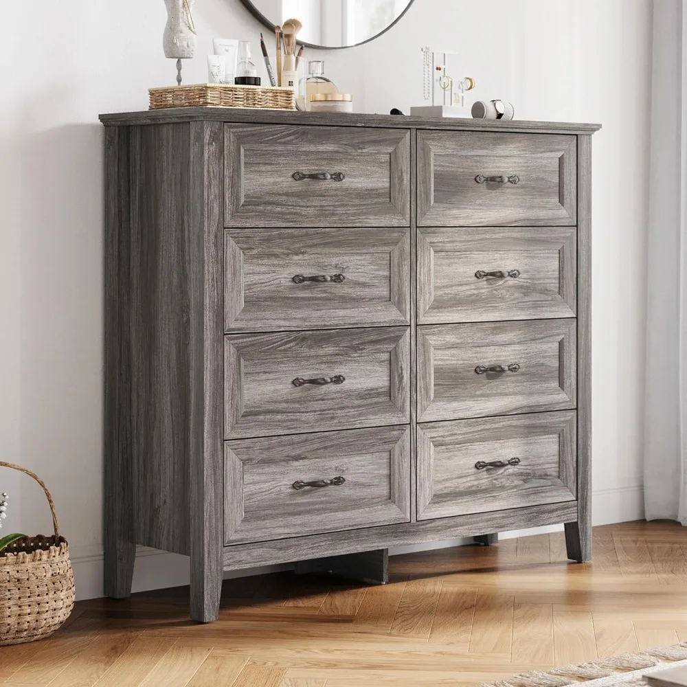 

Farmhouse 8-Drawer Dresser - Grey Chest of Drawers for Bedroom and Living Room Organization