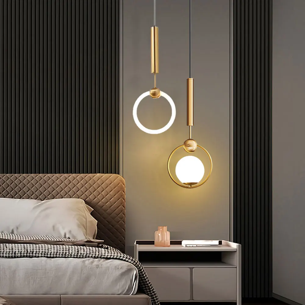 New Copper Circle LED Pendant Light Luxury Chandelier Bedroom Bar Aisle Bedside Minimalist Restaurant Background Wall Decoration