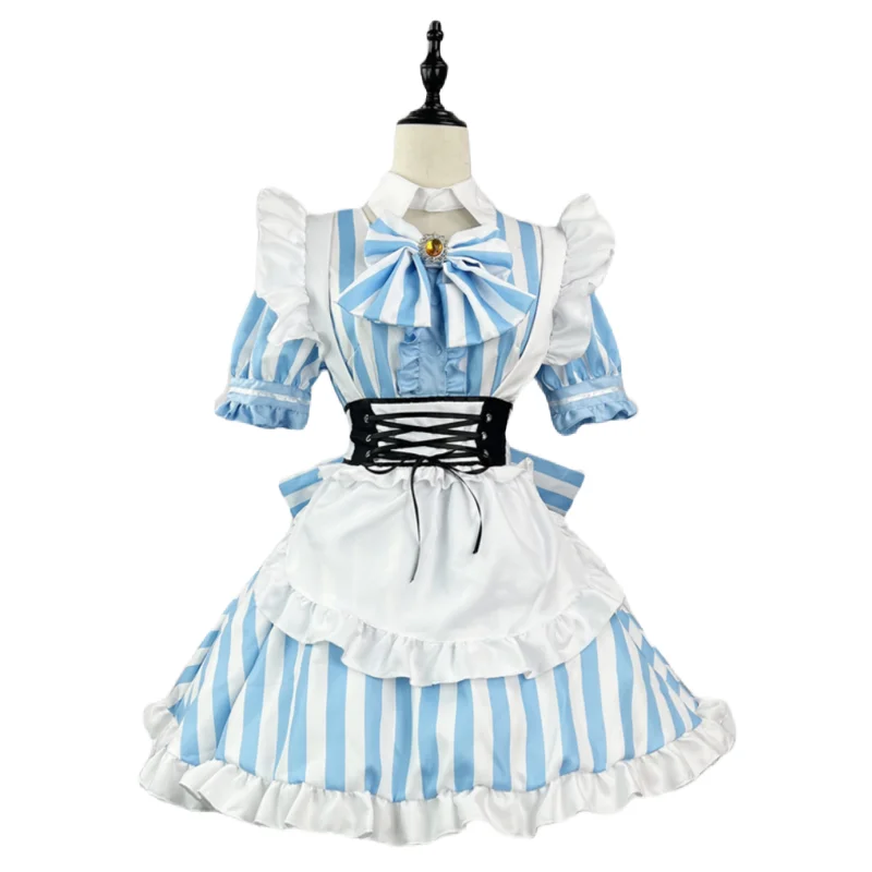 

Blue Stripes Sweet Lolita Suit Cafe Uniform Bubble Sleeve A-line Dress with Waistband Apron Japanese Anime Maid Cosplay Costume