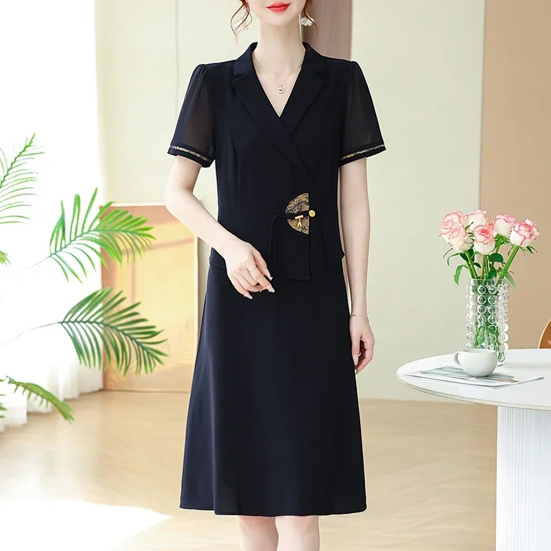 

Vintage Solid Color Women's Clothing Ladies Simplicity Dresses Summer Office Lady Midi Dress Temperament A-line Skirt