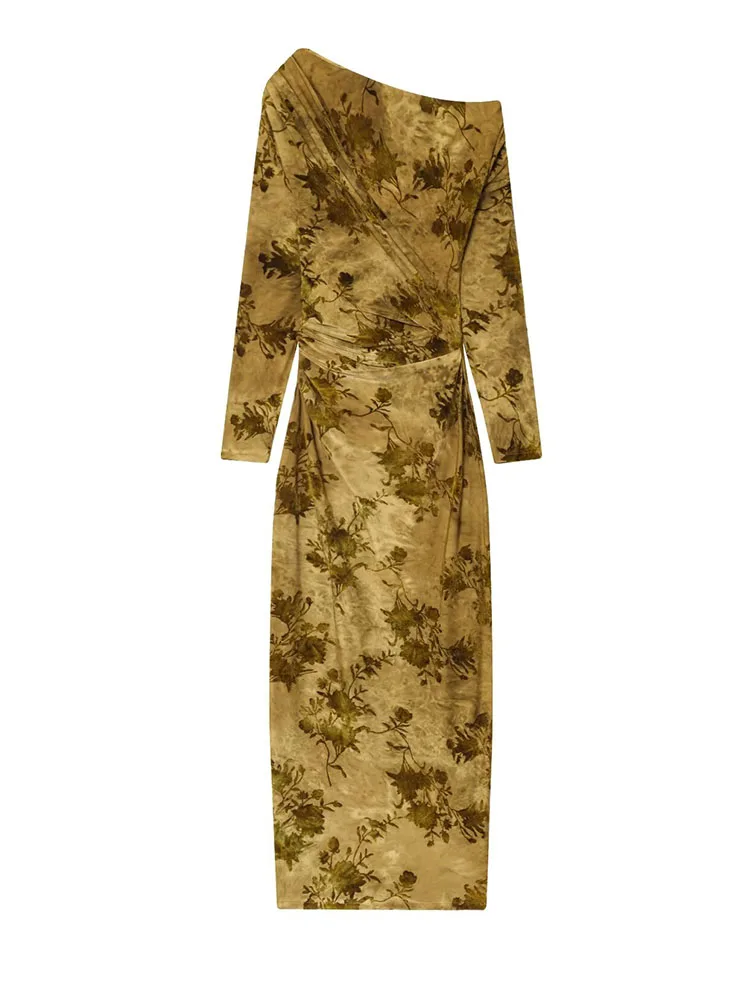 Mulheres gola diagonal vestido longo 2025 nova moda feminina mangas compridas fora do ombro vestidos elegantes feminino outono sexy vestido de festa