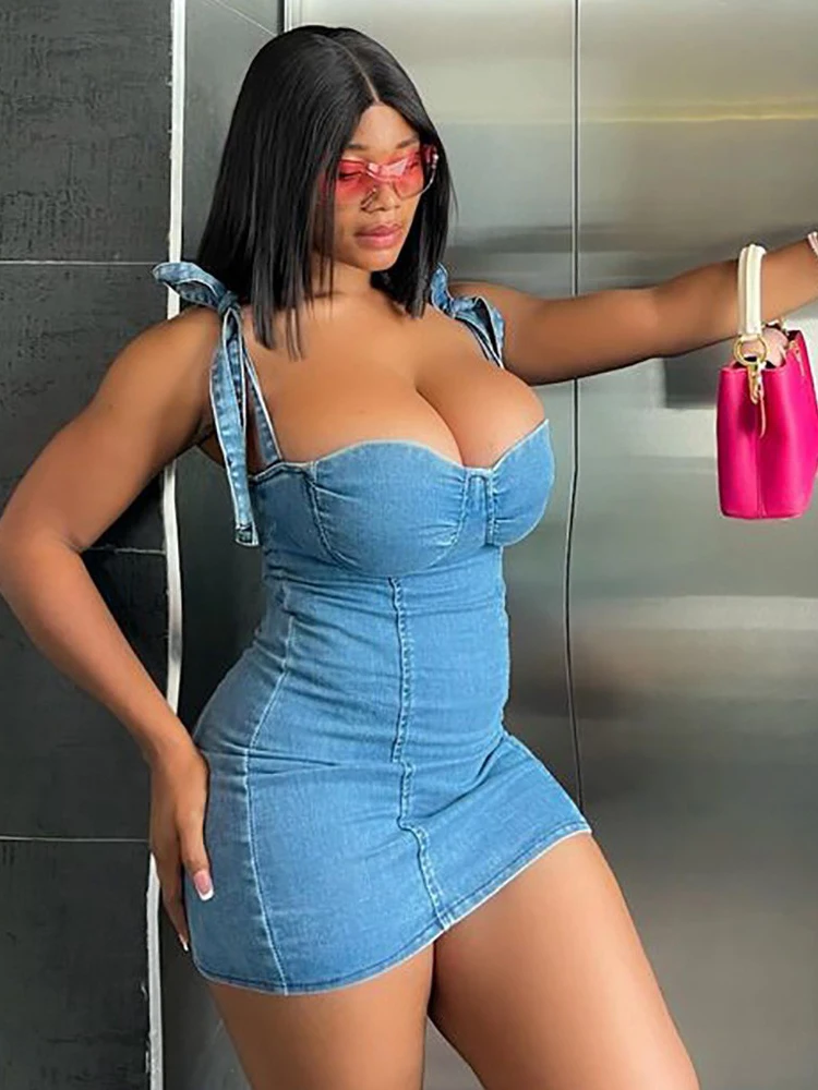 Curvy Womens Denim Dress V Neck Strapless Sexy Mini Dresses Tight Night Club Sexy Hot Woman Dress Summer Wholesale Dropshipping