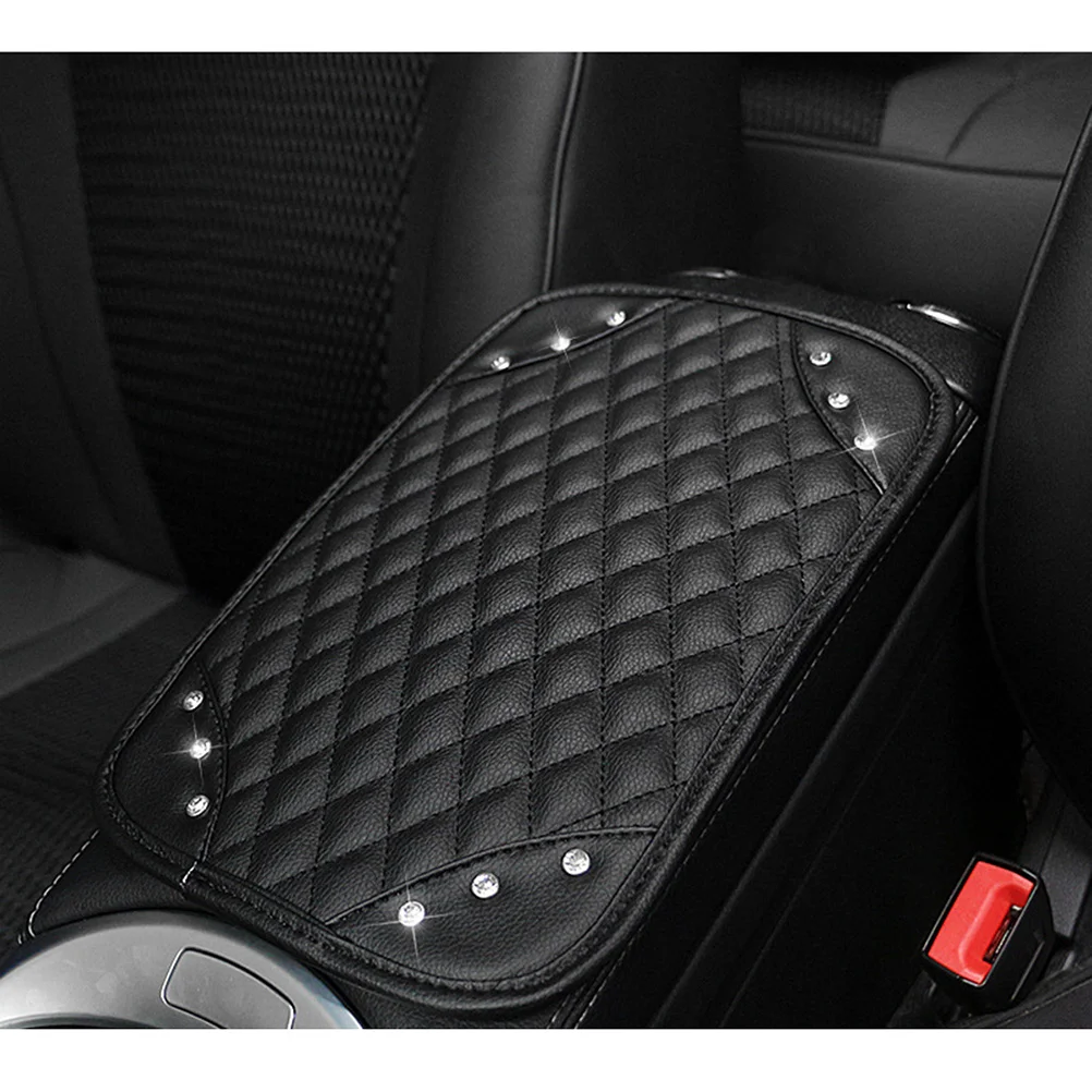 

Car Center Armrest Pad Black Rhombus Grid Rhinestone Design Durable Comfort Support For Long Driving Travel Elbow Rest Mat